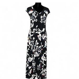 CHAUS New York Black and White Floral Maxi Dress L Short Sleeves V Neck NWOT